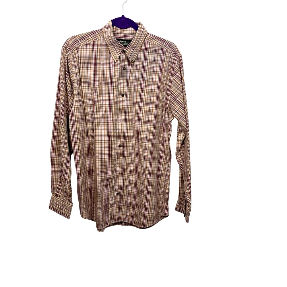 Eddie Bauer Men Medium White Maroon Brown Gray Grey Long Sleeve Button Down